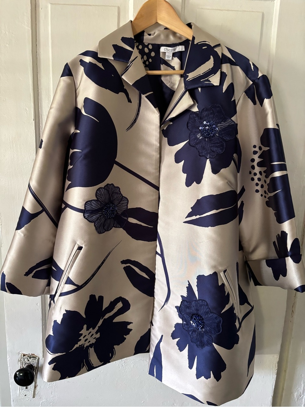 Chico's Navy Floral Satin Pea Coat on Pearl-Beige